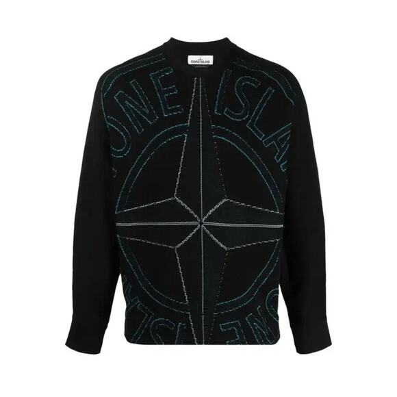 Stone Island Logo Intarsia Black Crewneck Sweater 7415514D1.V0029.L Men's Large - Picture 1 of 3